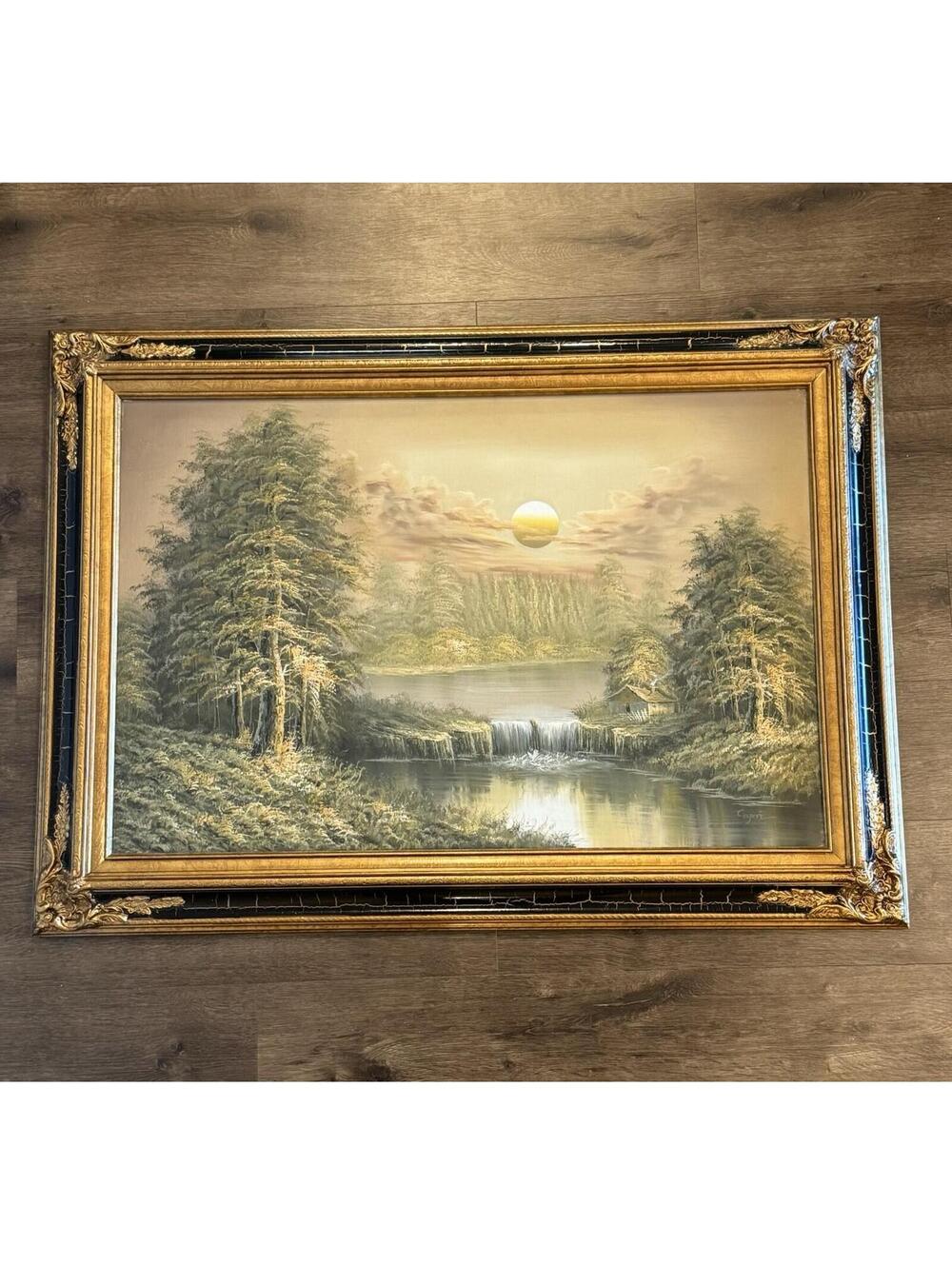 Original Signed “Capri” Oil Painting Forest Lake Cabin Waterfall Sunset Framed G